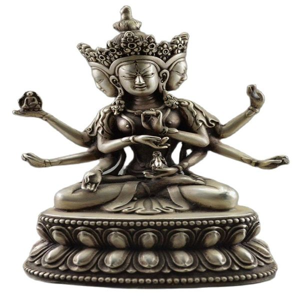 

collectible decorated old handwork tibet silver carve buddha 3 head 6 arm statue