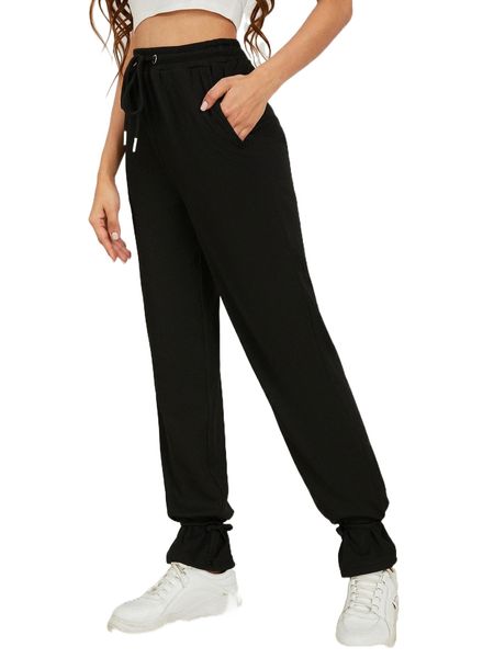 

grommet eyelet drawstring waist knot hem pants y0jr#, Black;white