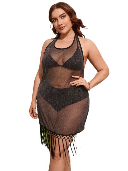 

plus mesh fringe sheer halter cover up a57o#, Black