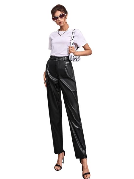 

high waist straight leg pu pants s5bs#, Black;white