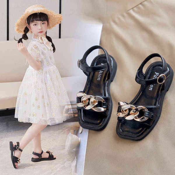 

2021 beach child shoes summer kids princess shoes for big girl fashion metal chain sandals little girl sports sandals 3-12 year g220418, Black;red
