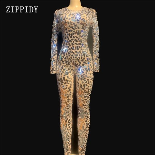 

shining silver mirrors jumpsuit mesh dance costume women stage performance dance net yarn bodysuit niglub wear youdu y200401, Black;white