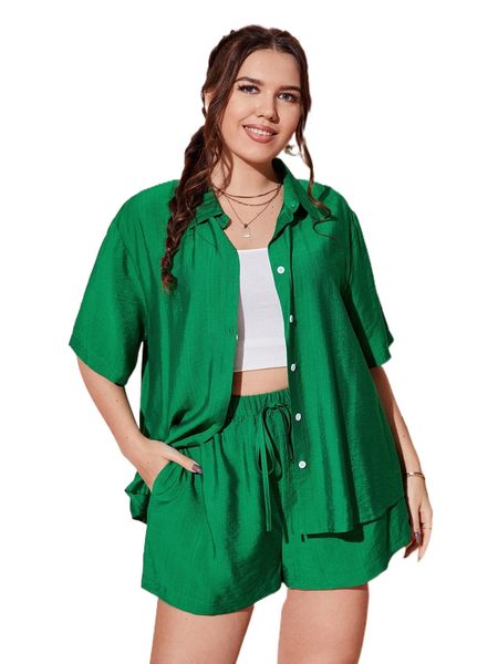 

plus solid button front blouse & tie front shorts 59wk#, Black