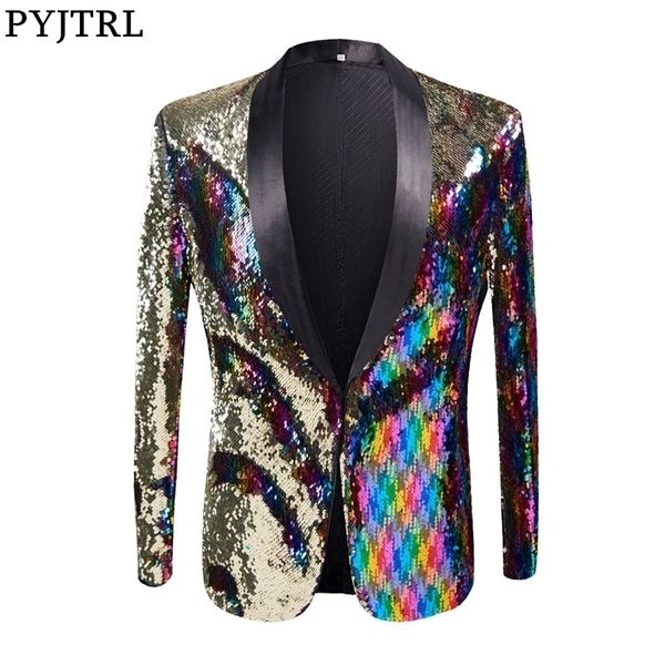 Pyjtrl Full Pulins Serisi Erkek Şık Altın Renkli Doublecolor Sequins Blazer Nightclub Singer Singer Kostüm Takım Ceket 201104
