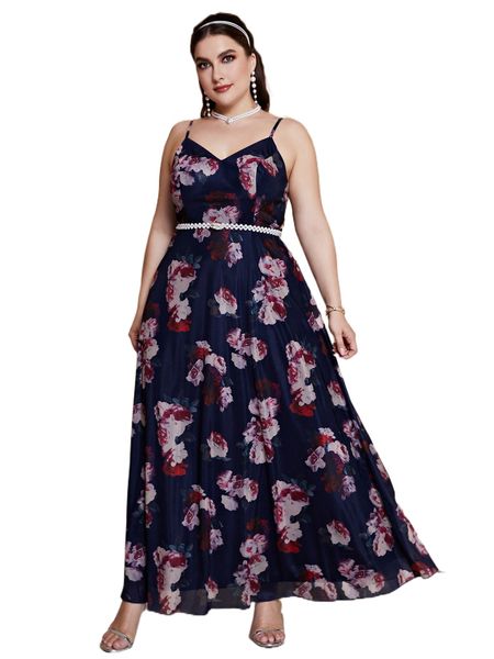 

plus floral print belted maxi cami dress w8b6#, Black