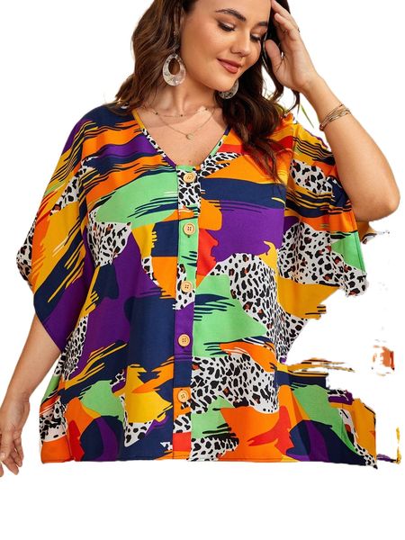 

plus leopard batwing sleeve blouse q41c#, Black