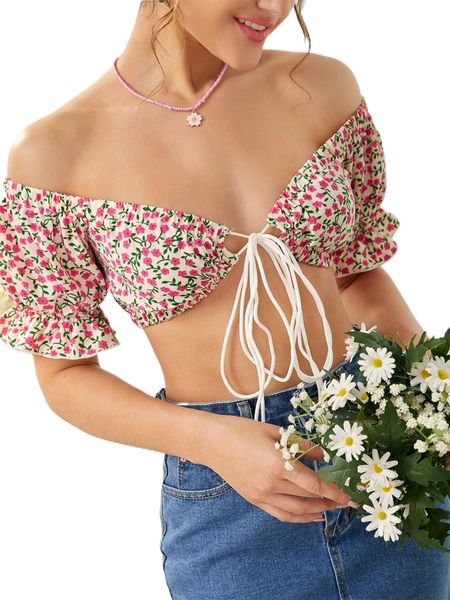 

ditsy floral off shoulder flounce sleeve tie front crop l9gf#, White