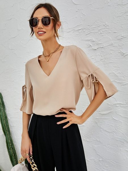 

split cuff knot side blouse g2lb#, White