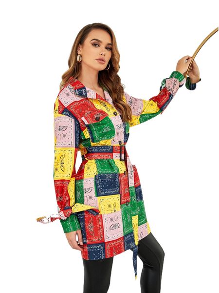 

x xosefino scarf print colorblock drop shoulder belted coat e6dk#, Black