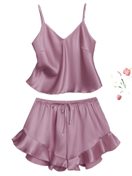 

ruffle hem satin pj set m720#, Black;red