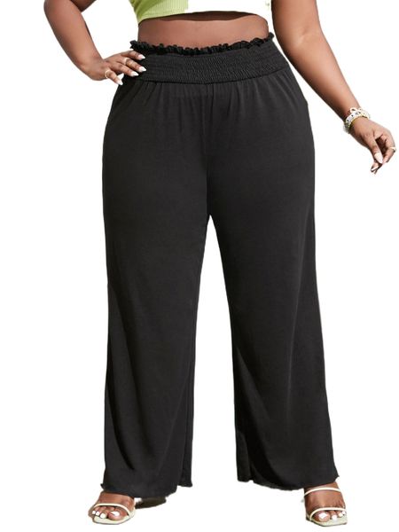 

sxy plus shirred frill trim wide leg pants 44pg#, Black