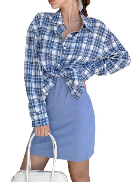 

dazy plaid print drop shoulder blouse & solid cami dress q5ze#, White