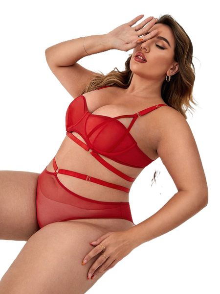 

plus ring linked mesh panel underwire lingerie set e9m0#, Black;white