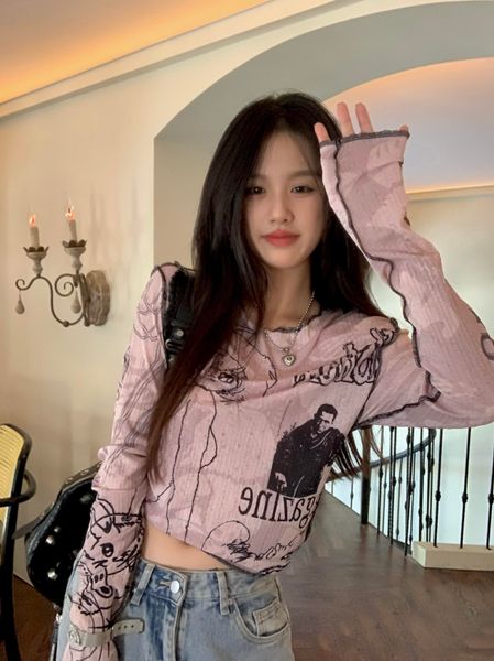 

women's sweaters printed graffiti pattern long-sleeved t-shirt women spring autumn thin slim fit cropped elegant korean retro s, White;black