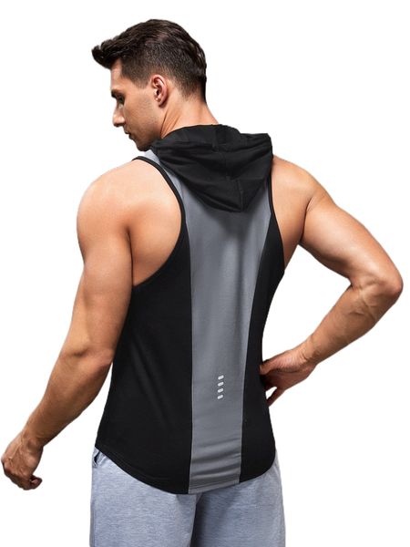 

men colorblock letter graphic drawstring hooded sports tank 8527#, White;black
