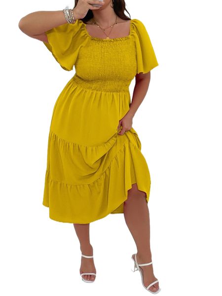 

plus shirred square neck flutter sleeve ruffle hem dress b5a8#, Black