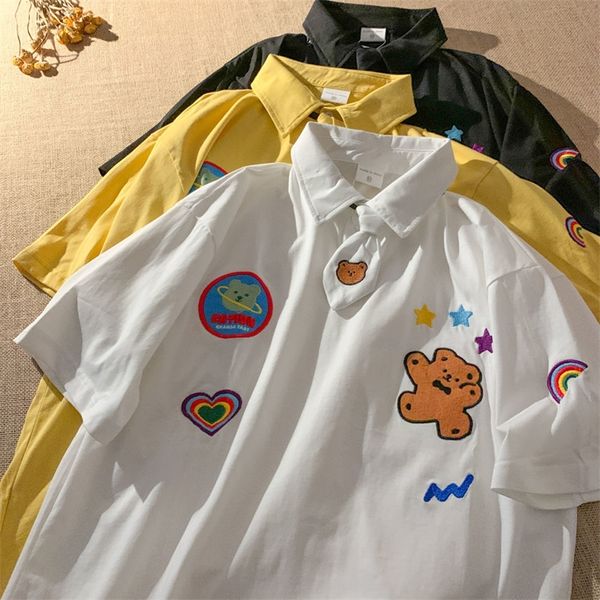 Urso bordado gravata super fofa colarinho polo t camisetas mulheres adolescentes meninas meninas vintage tees de verão harajuku tops japoneses 220511