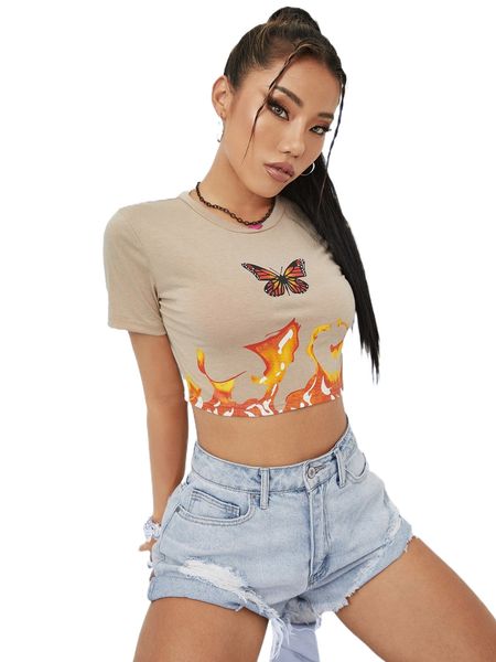 

butterfly print crop c44e#, White