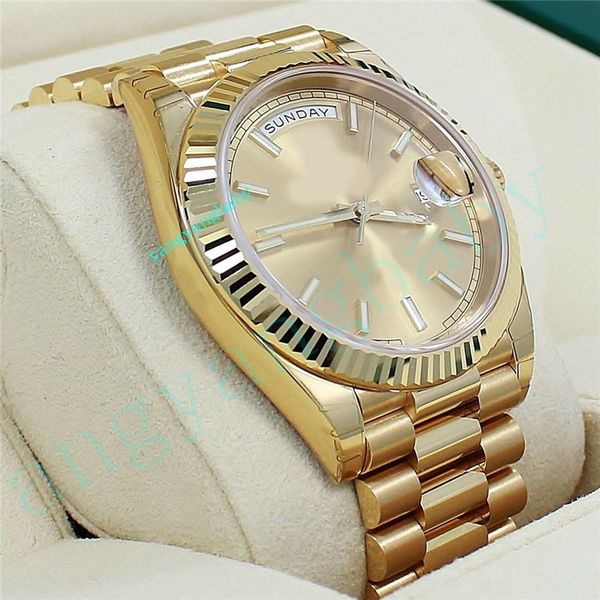 

luxury bp new wristwatch factory automatic movement 40mm day-date 228238 18k yellow gold champagne stick dial men dress watches, Slivery;brown