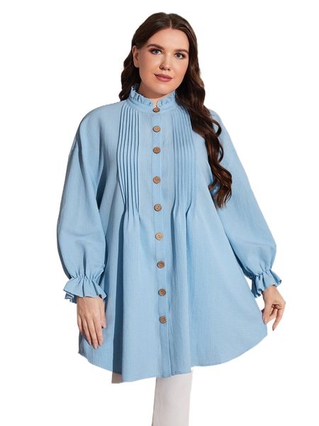 

plus frill trim button front blouse r4i0#, Black