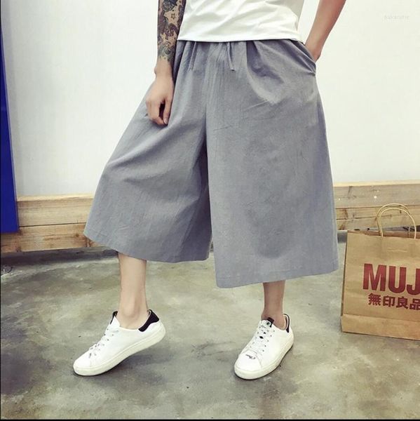 Calça masculina de verão, comprimento de bezerro masculino, linho respirável fino casual culottes harém pernas largas pernas trautes