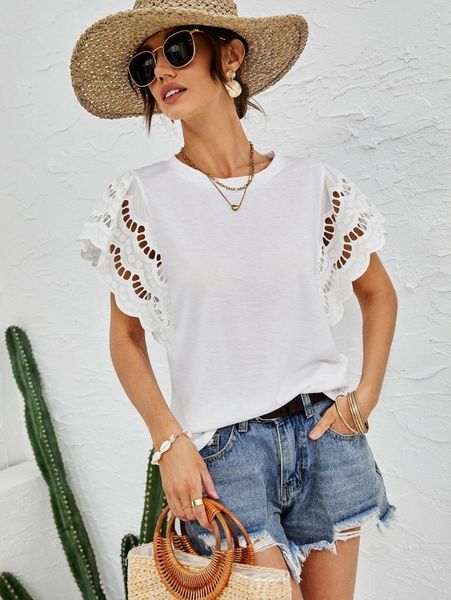 

eyelet embroidery solid tee a2yi#, White