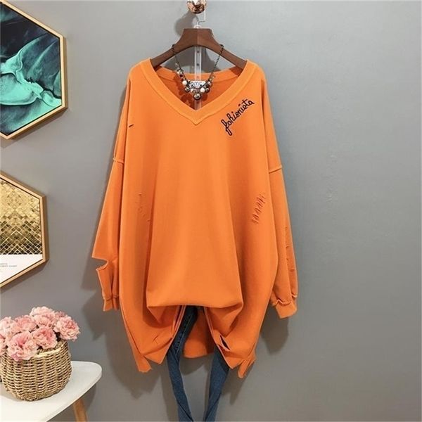 

bf style women oversized v neck long sleeve hole letter embroidery sweatshirt women clothing 201216, Black
