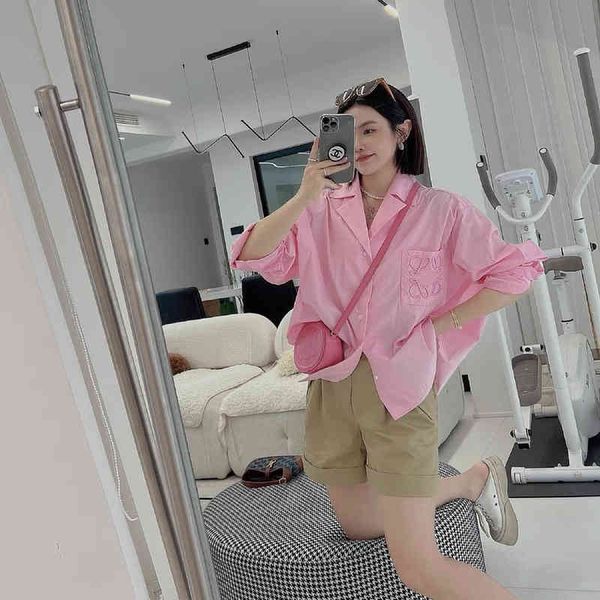 

clothing spring and summer new women's pocket lark embroidered long sleeve lapel cherry pink silhouette shirt outlet_y2yd, White