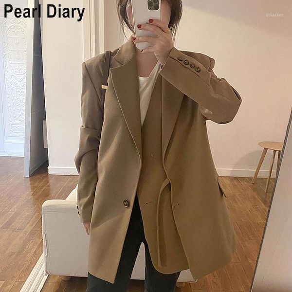 Kadın Ceketler 2022 Sonbahar Kore Moda Ceket Kadınlar Uzun Kollu Çift Katmanlı Eğik Düğme Gevşek Ofis Bayan Takım Elbise Ceket Zarif Outerwea