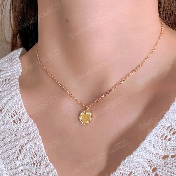 

simple shiny yellow peach heart alloy pendant necklace women stainless steel chain clavicle necklaces girls fashion jewelry, Silver
