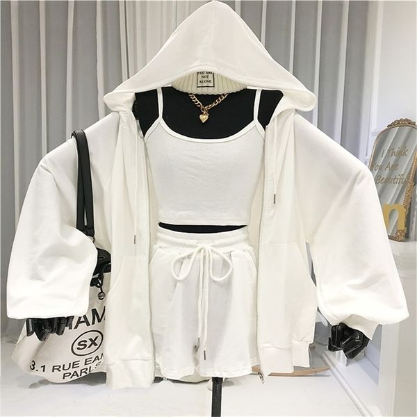 

women 3 piece set zipper hooded casual womens sweatsuit matching sets for women joggers suit sets 2020 summer sports wear t200701, White