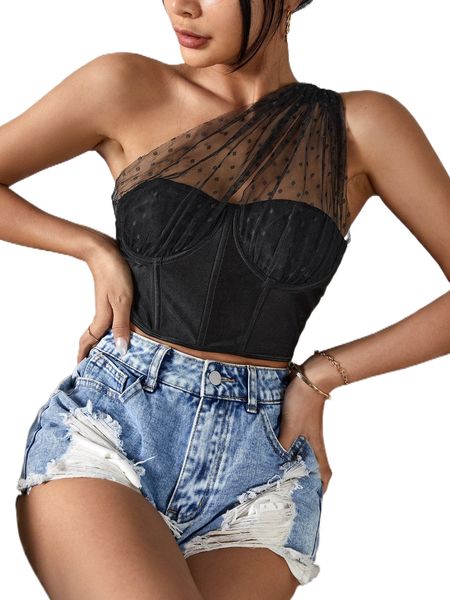 

dobby mesh panel one shoulder bustier crop 13sh#, White