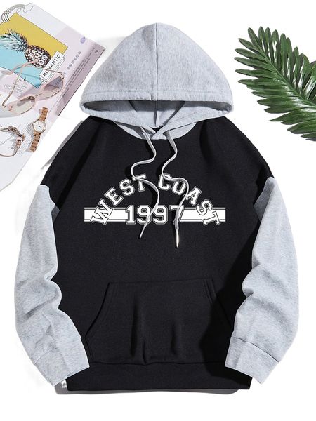 

two tone letter graphic kangaroo pocket drawstring hoodie t9iy#, Black