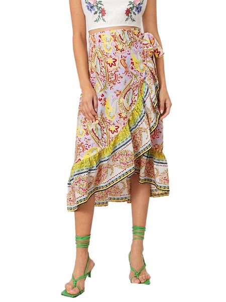 

floral & paisley print ruffle trim wrap knot side skirt m9pc#, Black