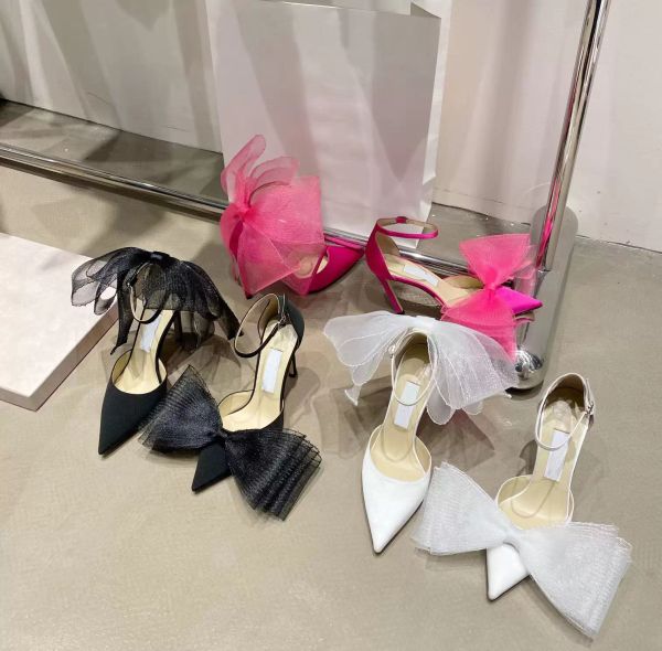

designer sandals women pumps averly high heels asymmetric grosgrain mesh fascinator bows shoe ladies wedding party dress shoes pointed toe s, Black