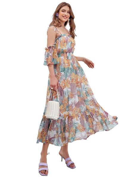 

floral cold shoulder frill ruffle hem dress 10d9#, Black;gray