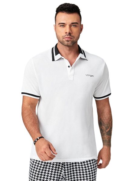 

extended sizes men letter graphic contrast collar polo shirt g7kh#, White;black