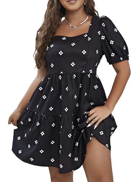 

plus floral print puff sleeve tie back ruffle hem dress t0b4#, Black
