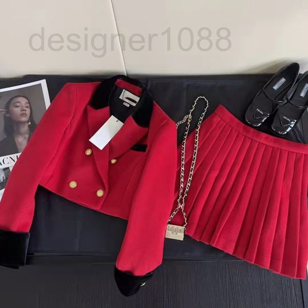 

two piece dress designer gu22 early spring new velvet collar splicing short slim double breasted small suit high waist pleated skirt odux, White