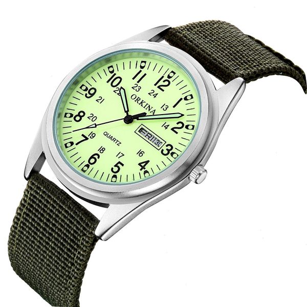 

simple quartz watch men luminous hands woven canvas belt fluorescent green mens fashion male calendar week display, Slivery;brown