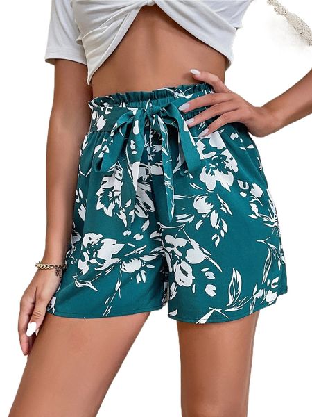 

floral print paper bag waist belted shorts n8mb#, White;black