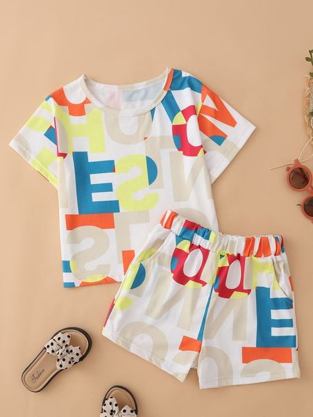 

girls letter graphic tee & shorts she, White