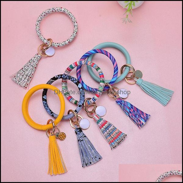 

fashion wristlet bracelet keychains leopard tassel leather bangles bag charm round pendant car key chain rings jewelry drop delivery 2021 ig, Slivery;golden