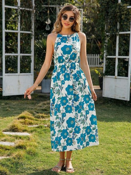 

allover floral print backless cami dress m7a6#, Black;gray