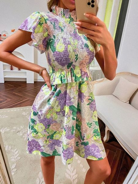

allover floral shirred ruffle a-line dress d3ox#, Black;gray