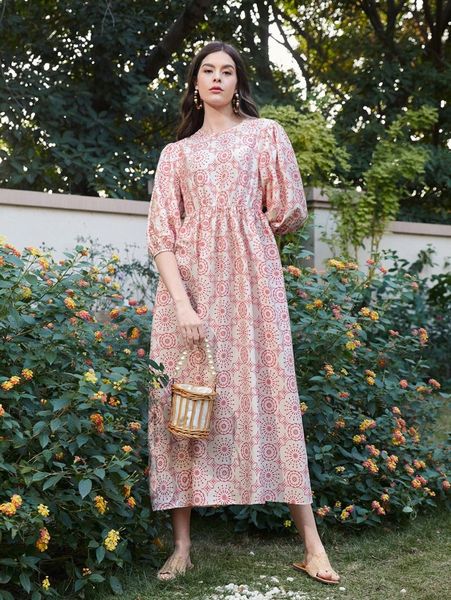 

lantern sleeve allover print dress j2tm#, Black;gray