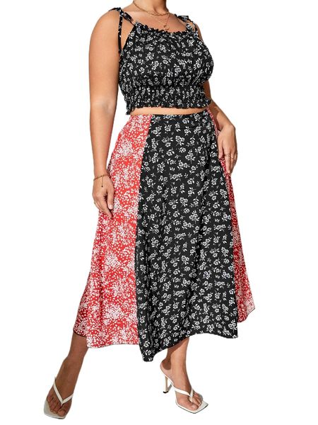 

plus ditsy floral tie shoulder shirred crop cami & skirt o5l2#, Black