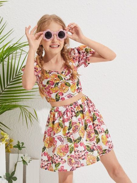 

girls fruit print flounce sleeve shirred back & skirt set she, White