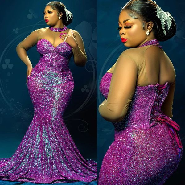 

2022 plus size arabic aso ebi mermaid sparkly purple prom dresses sheer neck evening formal party second reception birthday engagement gowns, Black
