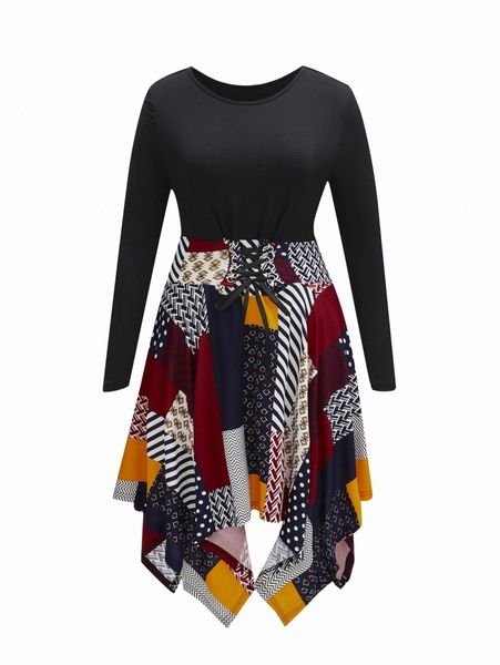 

plus patchwork lace-up front asymmetric hem dress n1gw#, Black